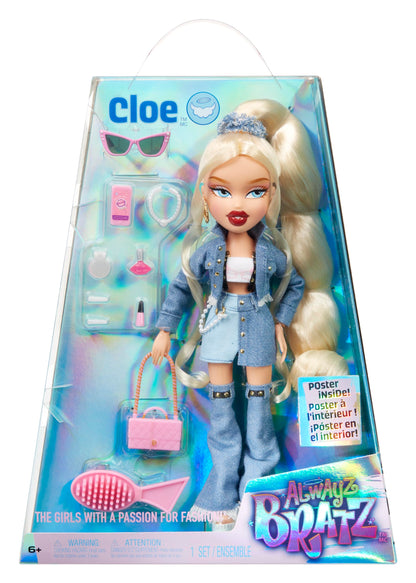 Bratz Alwayz Muñeca Cloe - Estilo Vaquero con Chaqueta y Falda Denim, Tacones de Plataforma, 10 Accesorios Incluidos como Teléfono, Maquillaje, Bolso y Póster Exclusivo - Edad 6+ Años