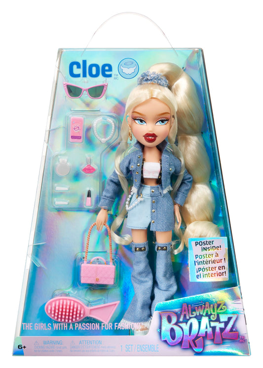 Bratz Alwayz Muñeca Cloe - Estilo Vaquero con Chaqueta y Falda Denim, Tacones de Plataforma, 10 Accesorios Incluidos como Teléfono, Maquillaje, Bolso y Póster Exclusivo - Edad 6+ Años