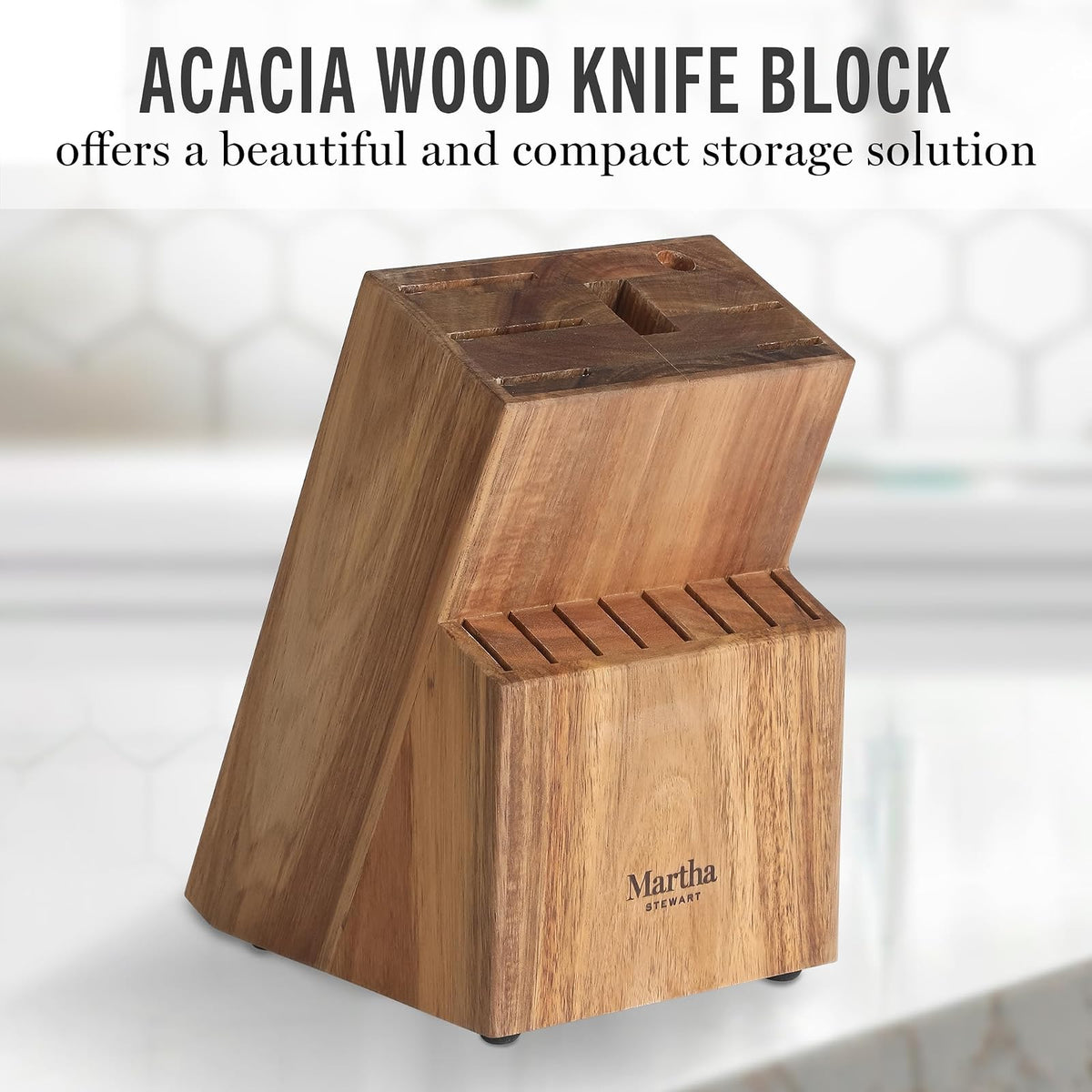 Martha Stewart Juego De Cuchillos Lockton 16 Piezas | Acero Inoxidable De Alto Carbono, Mango Forjado De ABS, Bloque De Madera De Acacia, Blanco Y Dorado