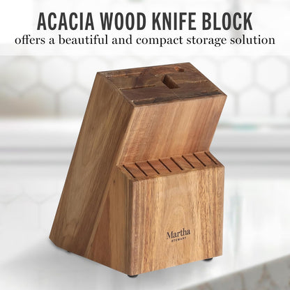 Martha Stewart Juego De Cuchillos Lockton 16 Piezas | Acero Inoxidable De Alto Carbono, Mango Forjado De ABS, Bloque De Madera De Acacia, Blanco Y Dorado
