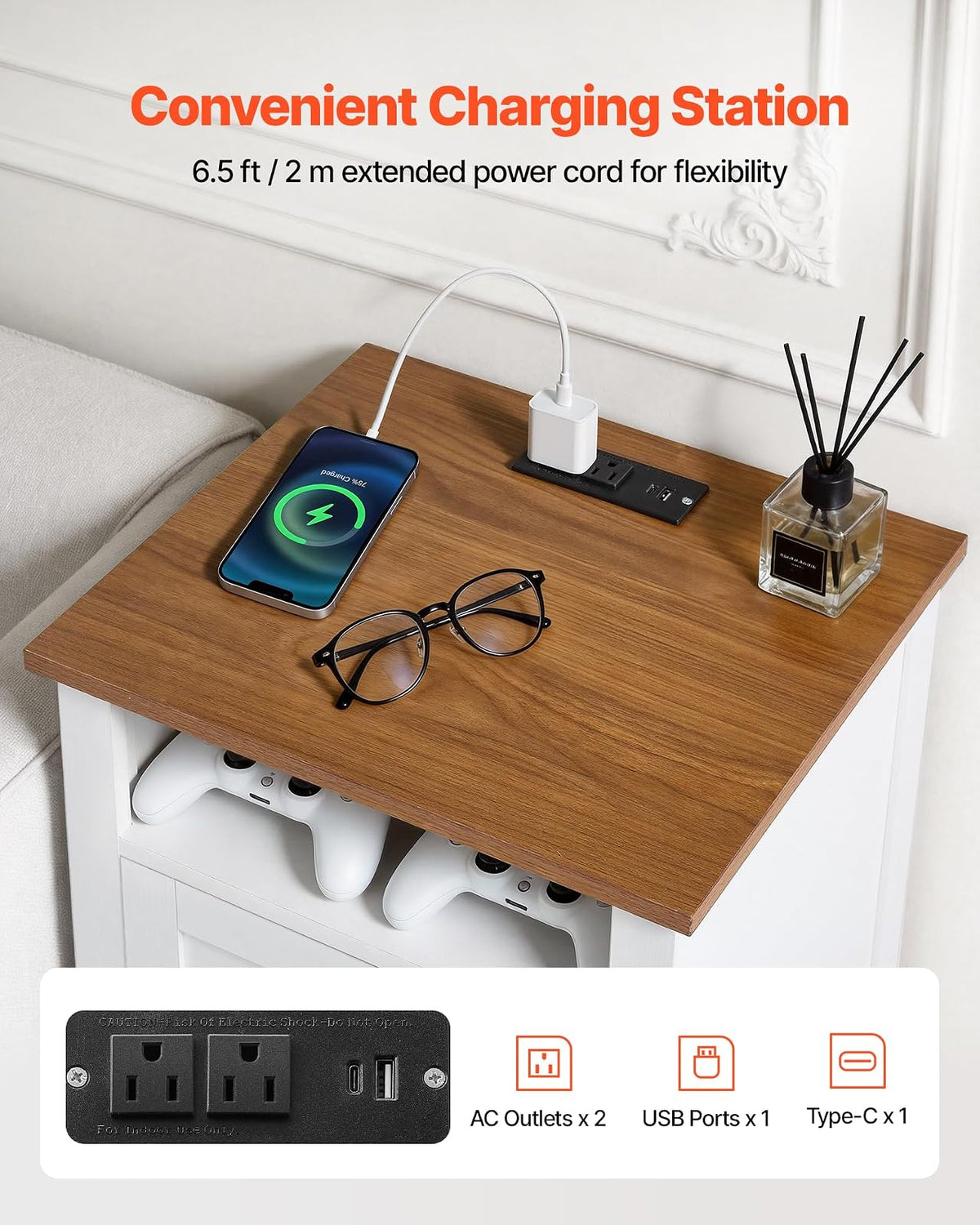 VEVOR Mesita de noche rústica con estación de carga, mesa auxiliar con 2 cajones y estante abierto, mueble de almacenamiento, mesa auxiliar rústica con puerto USB y tomas de CA, para dormitorio y sala