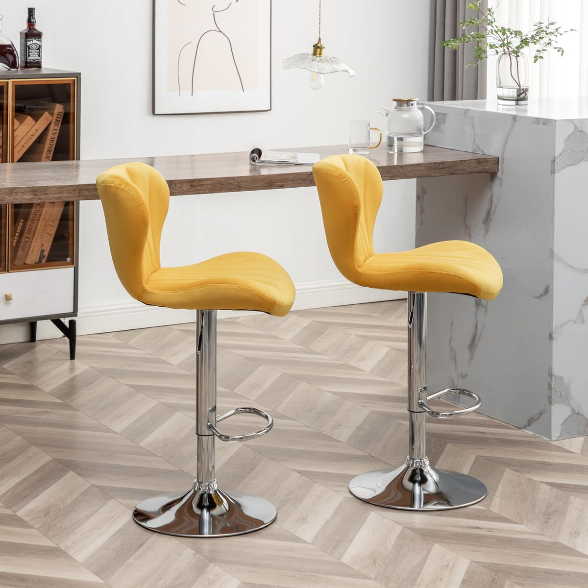 Roundhill Furniture Ellston - Taburetes giratorios de Terciopelo Ajustables en Amarillo, Juego de 2