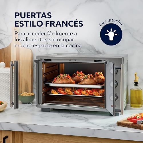 Oster Horno Eléctrico, con Freidora de Aire, 35 L de Capacidad, Para Hornear, Asar, Tostar, Freír al Aire, y Convección, Pollo y Más, Temporizador 60 Minutos, Accesorios, Gris, TSSTTV35FDMAFNS-1MX