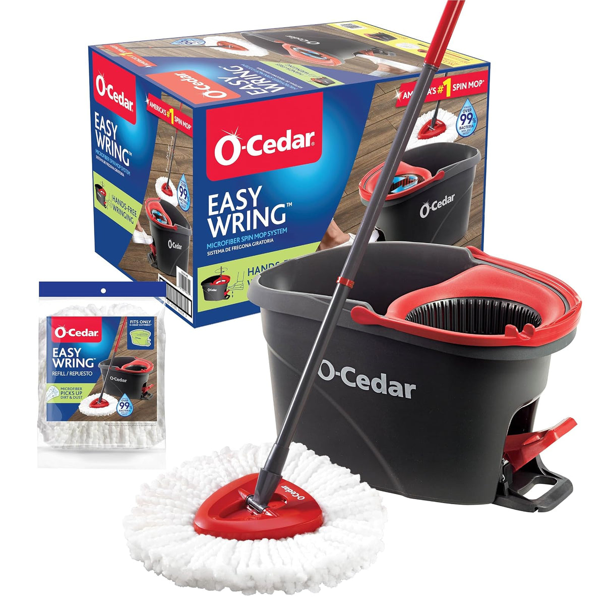 O-Cedar Easywring - Sistema de Limpieza de Suelos de Microfibra con 1 Recambio Adicional, Rojo y Gris