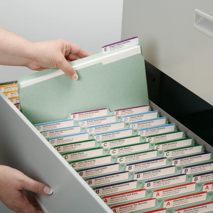 Smead Pressboard Fastener File Folder with SafeSHIELD Fasteners, 2 Fasteners, 1/3-Cut Tab, 1" Expansion, Letter Size, Gray/Green, 25 per Box (14931)