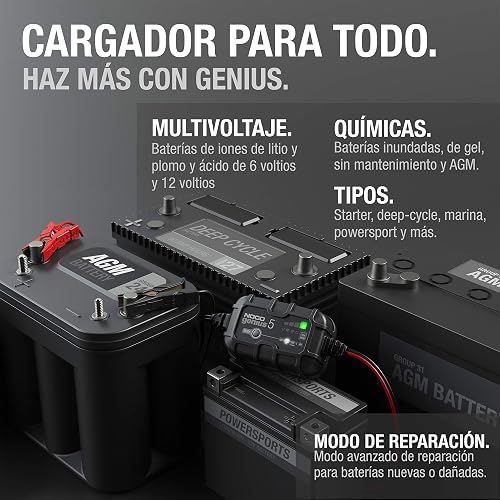 NOCO GENIUS5: Cargador de batería Inteligente 6V/12V 5A – Mantenedor automático, Cargador Lento y desulfatador con protección contra sobrecarga y compensación térmica – para baterías Plomo y Litio