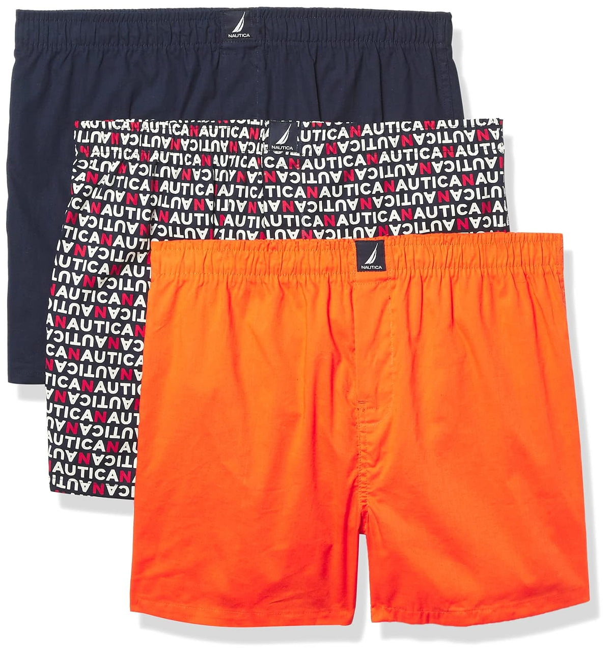 Nautica Calzoncillos Bóxer de Algodón para Hombre, Paquete de 3 - Peacoat - Tropic Orange - Nautica Logo Print - G