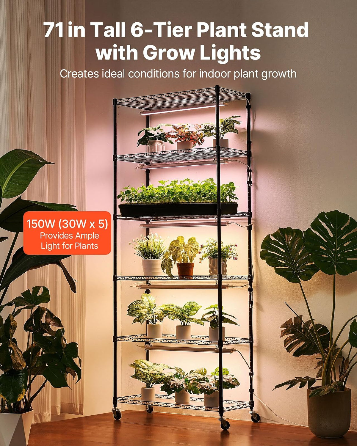 VEVOR Soporte para Plantas con Luz de Cultivo 6 Niveles 180 cm 150 W, Estante para Plantas con Ruedas, Temporizador de 4/9/14 H, 3 Modos de Iluminación, para Crecimiento de Planta, 750x350x1800 mm