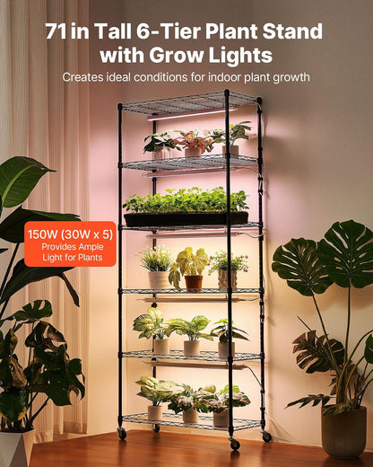 VEVOR Soporte para Plantas con Luz de Cultivo 6 Niveles 180 cm 150 W, Estante para Plantas con Ruedas, Temporizador de 4/9/14 H, 3 Modos de Iluminación, para Crecimiento de Planta, 750x350x1800 mm