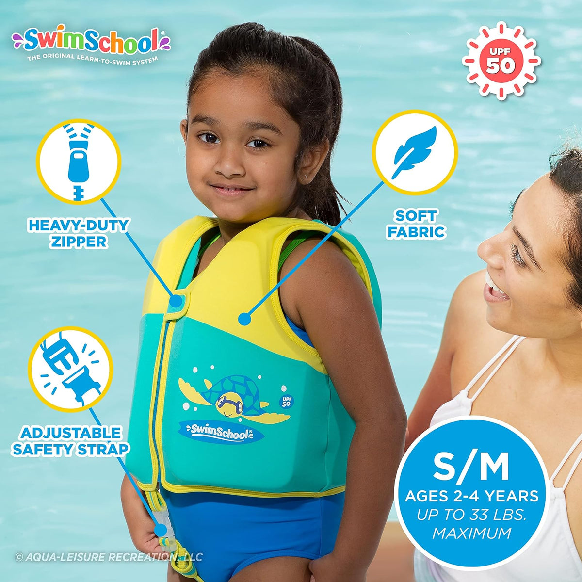 SwimSchool - Chaleco de natación para niños fácil de Poner y Quitar - Tallas: S/M hasta 33 Libras y Mediano/Grande hasta 50 Libras. - Colores: Azul, Naranja, Rosa y Espuma de mar