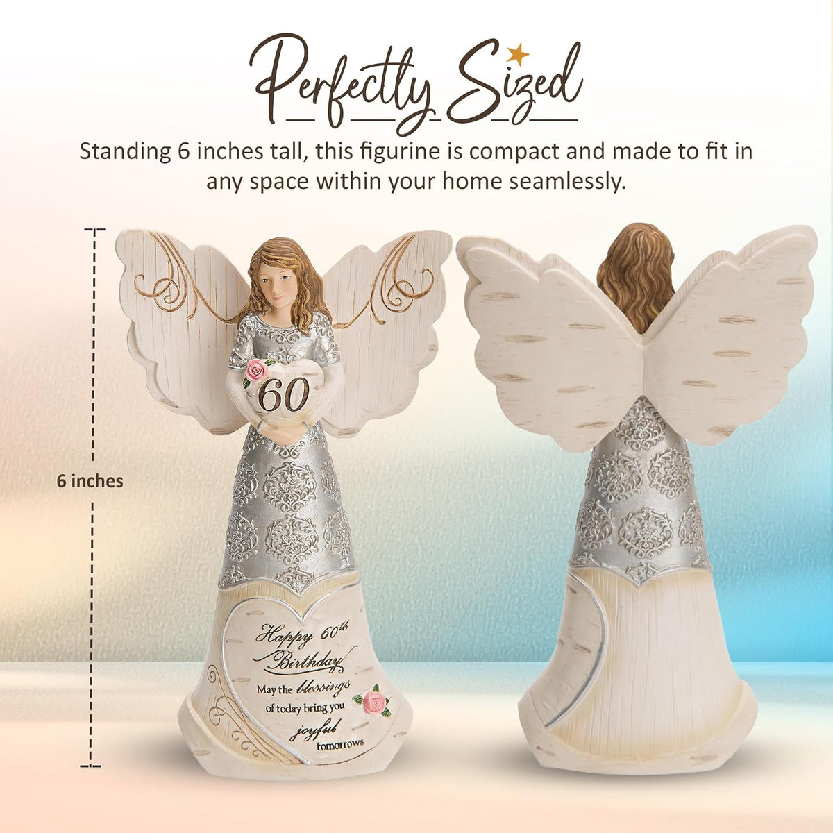 Pavilion Elements Angels - Figura de ángel de la Guarda - Feliz cumpleaños 60 Puede Que Las bendiciones de Hoy te traigan alegres mañanas Texto Impreso, Cifras de ángel coleccionables, 6 Pulgadas