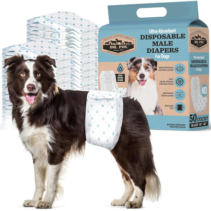 Dr. Pol - Pañales para Perros Macho, superabsorbentes, Transpirables, a Prueba de Fugas con indicador de Humedad, Mediano, 50 Unidades