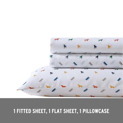 Eddie Bauer Kids - Sábanas Completas, Ropa de Cama Infantil Resistente a Las Manchas, para niños pequeños, diseño de Perros, Individual, Blanco