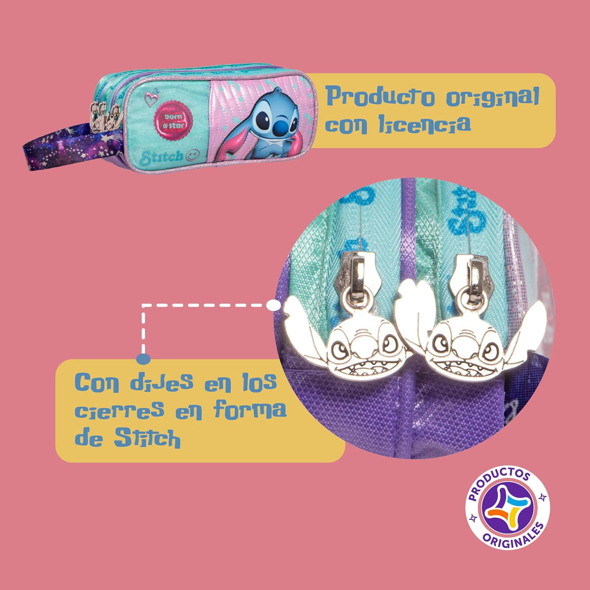 Ruz Lapicera Triple Infantil y Preescolar | Stitch | 100% Poliéster | Organizador Escolar para Niños con Múltiples Bolsillos y Cierre | Recomendado desde 3 años