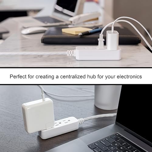 GE Pro Tira Multicontactos De 3 Salidas con Supresor de Picos, Enchufe Plano, Cable De Extensión Trenzado De 2.4 m (8 Pies) 250 Julios, Conectado a Tierra Certificacion UL, Blanco/Gris, 1 Unidad 38433