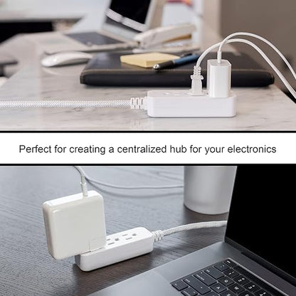 GE Pro Tira Multicontactos De 3 Salidas con Supresor de Picos, Enchufe Plano, Cable De Extensión Trenzado De 2.4 m (8 Pies) 250 Julios, Conectado a Tierra Certificacion UL, Blanco/Gris, 1 Unidad 38433