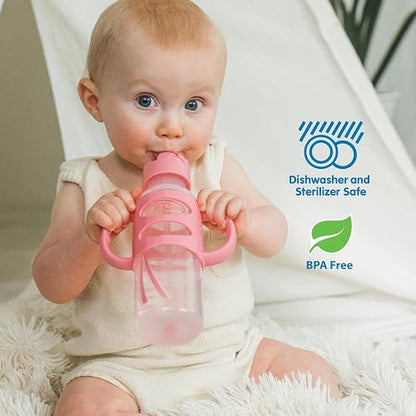 Dr. Brown's Anti-Colic Options+ Juego de regalo de botella de paja estrecha | Botellas rosadas de 4 onzas, botellas de 8 onzas, botella de popote, pezones de nivel 1 y 2, HappyPaci