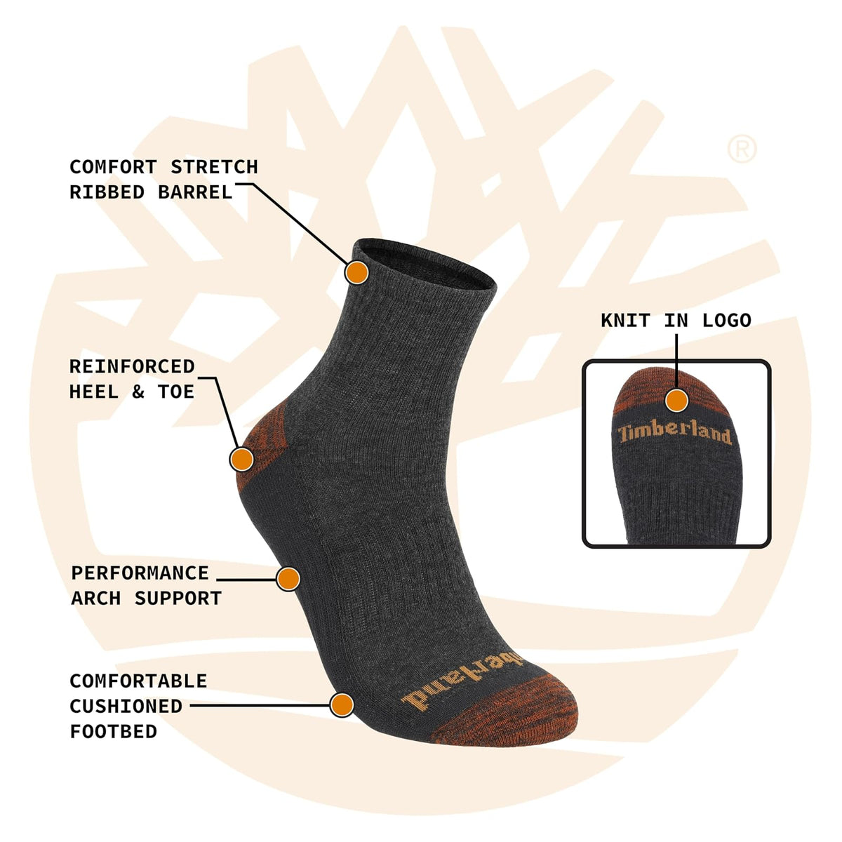 Timberland Socks, Comfort Quarter Socks, Arch Support, Padded Cushion, Moisture Control Calcetines Hombre