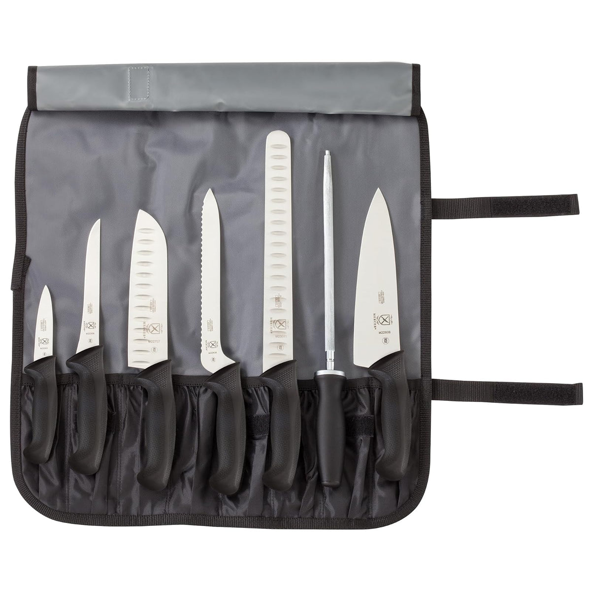 Mercer Culinary Genesis Juego de 7 Cuchillos para Carne Forjados - Juego de rollos de cuchillos de 8 piezas
