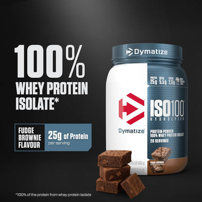 Dymatize ISO 100, Proteína Aislada de Suero Hidrolizada, Sabor Brownie, 640 g, 25 g Proteína por Porción, Sin Gluten, 20 porciones