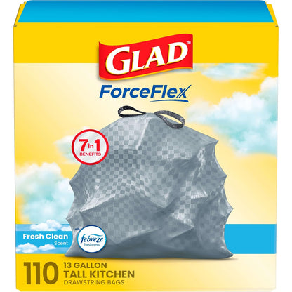Glad Tall kitchen drawstring trash bags - odorshield 13 gallon white trash bag, febreze fresh clean, White, NOT APPLICABLE, FEBREZE - FRESH CLEAN, 110 Count