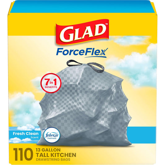 Glad Tall kitchen drawstring trash bags - odorshield 13 gallon white trash bag, febreze fresh clean, White, NOT APPLICABLE, FEBREZE - FRESH CLEAN, 110 Count