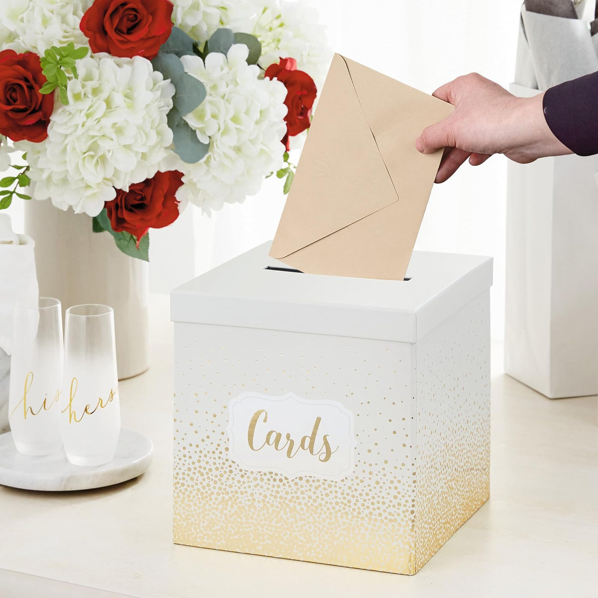 Hallmark - Elegante caja de recepción de tarjetas de 10 pulgadas (perlas y puntos dorados) para bodas, graduaciones, jubilaciones, cumpleaños, casas abiertas, aniversarios