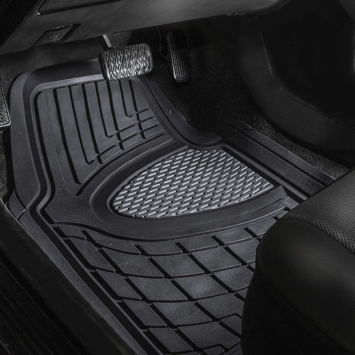 FH Group - Juego Completo de Alfombrillas de Goma para Todo Tipo de Clima (Gris) con Forro de Carga Recortable para Todas Las Estaciones (Negro) - Ajuste Universal para Automóviles, Camiones y SUV