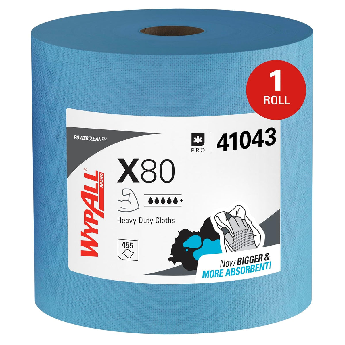 WypAll Power Clean X80 Paños Resistentes 41043 | Azul, 475 hojas/rollo, 1 rollo/estuche, 12.4 x 12.2 pulgadas