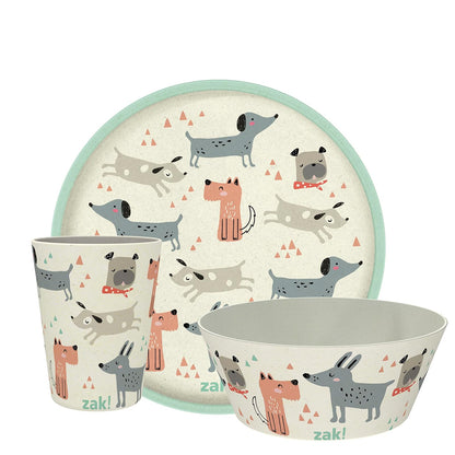Zak Designs Vajilla Infantil 3 Piezas, Melamina y Bambú - 8" Plate, 6" Bowl, 10oz Tumbler - Perro
