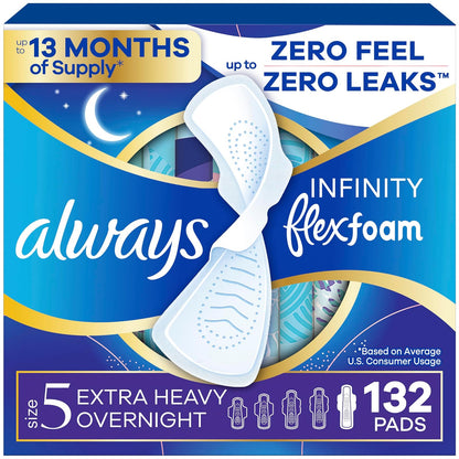 Always Infinity Feminine Pads for Women, Size 5, Extra Heavy Overnight Absorbency, with Wings, Unscented, 24 Count - Pack of 6 (144 Total Count) (Packaging May Vary)