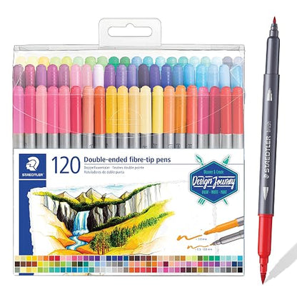 Staedtler bolígrafos de punta de fibra de doble punta, tinta lavable, puntas de escritura fina y negrita, 120 colores surtidos, 3200 TB120, multicolor (3200 TB120ST)