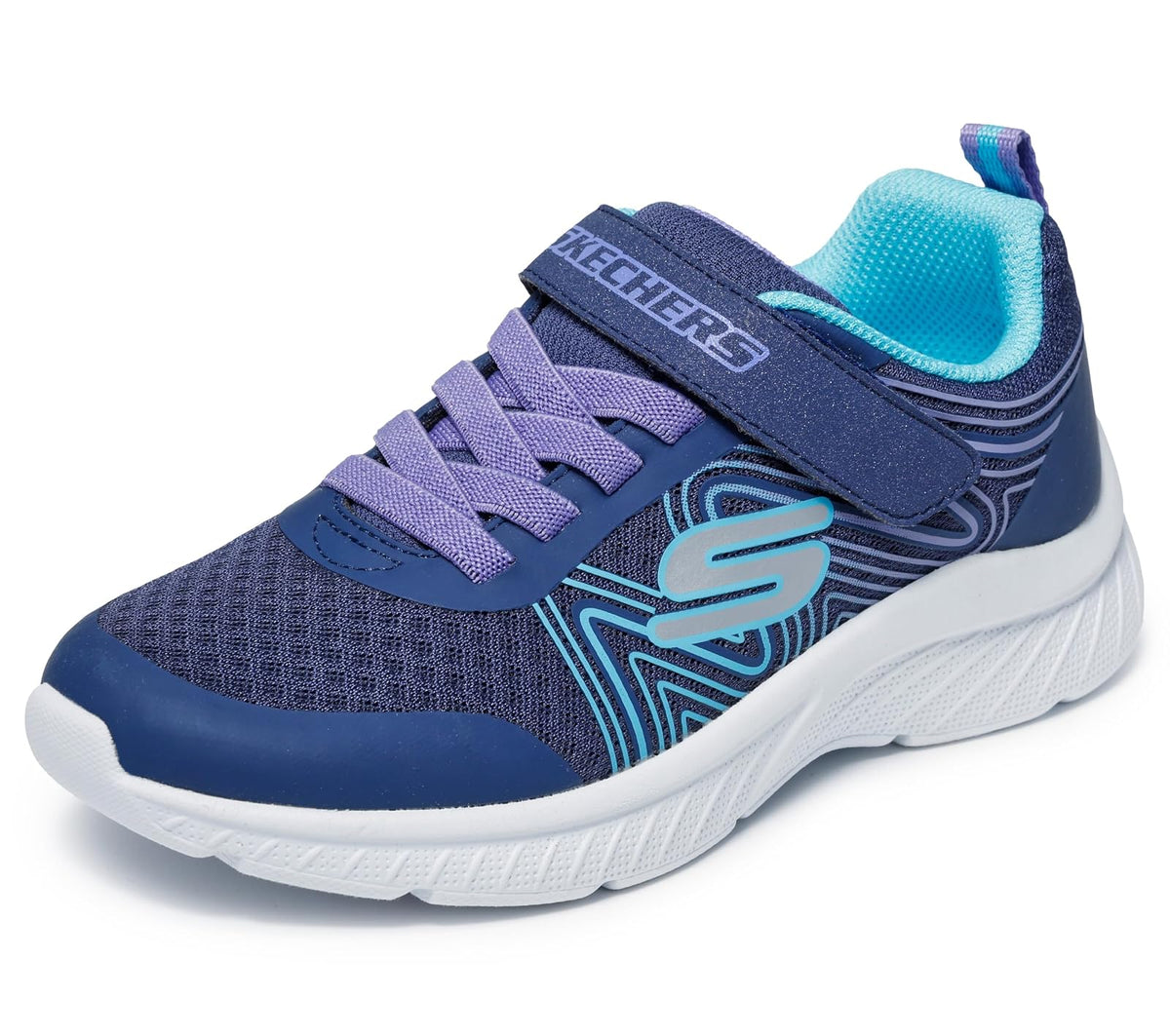 Skechers Microspec Plus Tenis con Cordón Elástico para Niña - niños pequeños (4-8 años) - 16.5 cm - Azul marino - Multicolor