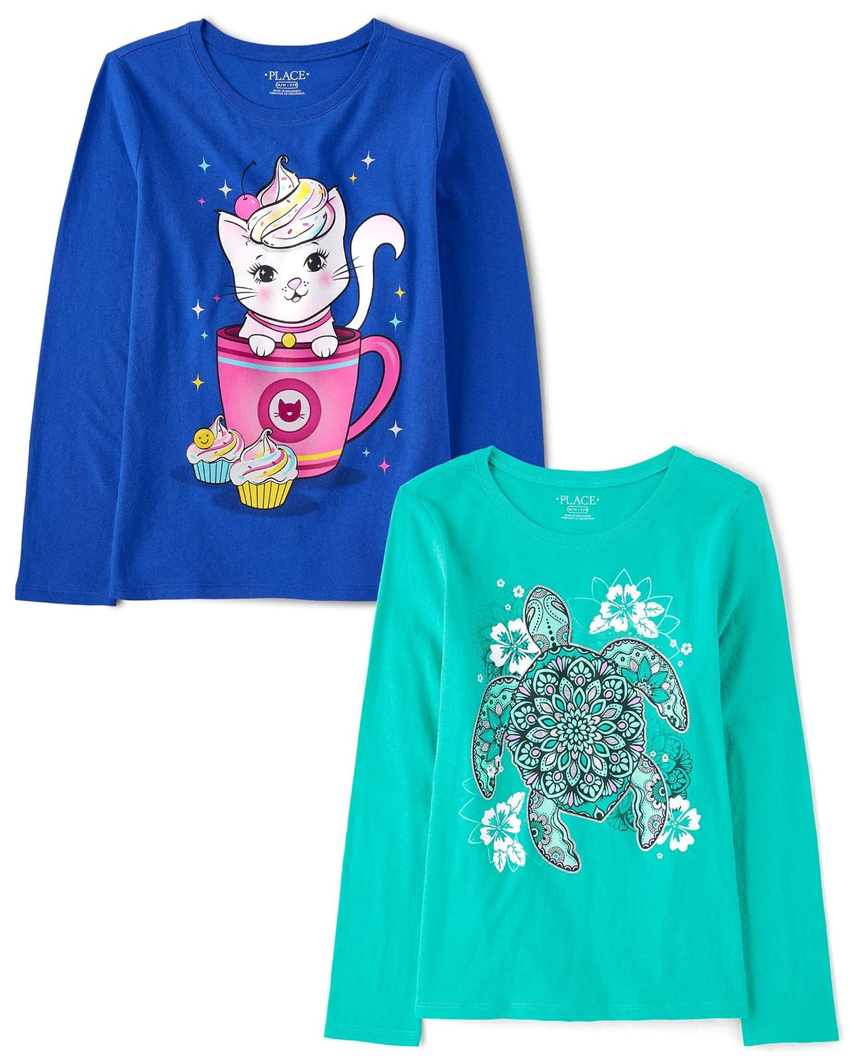The Children's Place Camiseta Gráfica Manga Larga Niña, Paquete de 2 - Taza para gato - tortuga - M