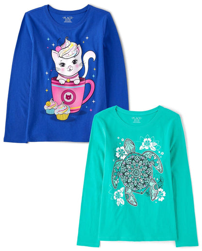 The Children's Place Camiseta Gráfica Manga Larga Niña, Paquete de 2 - Taza para gato - tortuga - M
