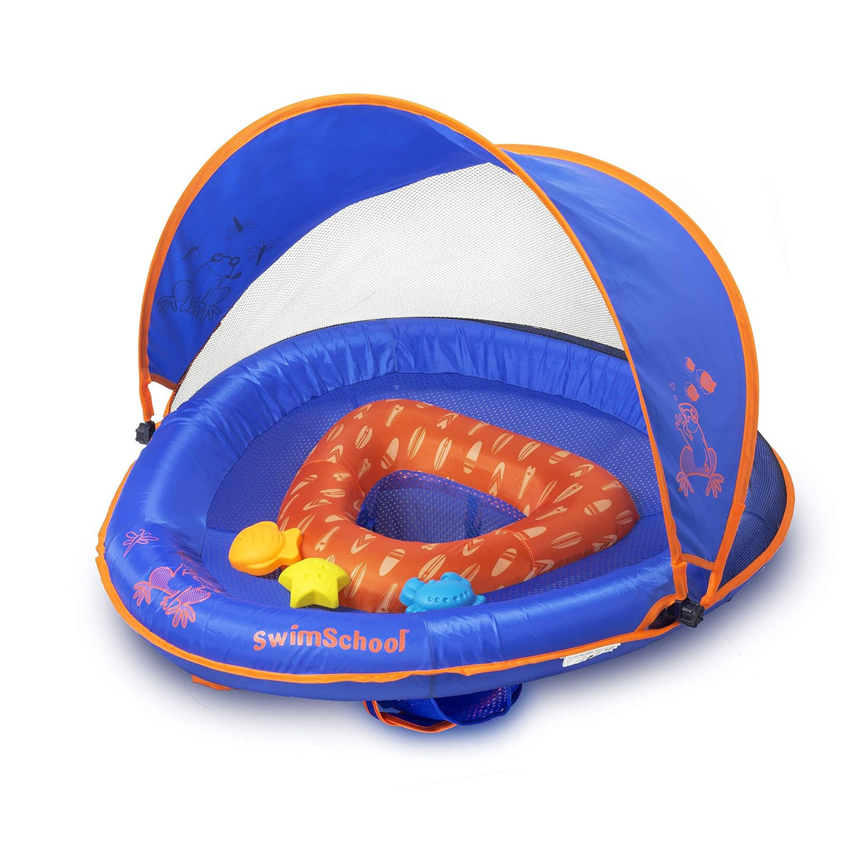 SwimSchool Deluxe Baby Float with Adjustable Canopy - 6-24 Months - Baby Swim Float with Splash & Play Activity Center and Perfect-Fit Safety Seat - Blue/Orange