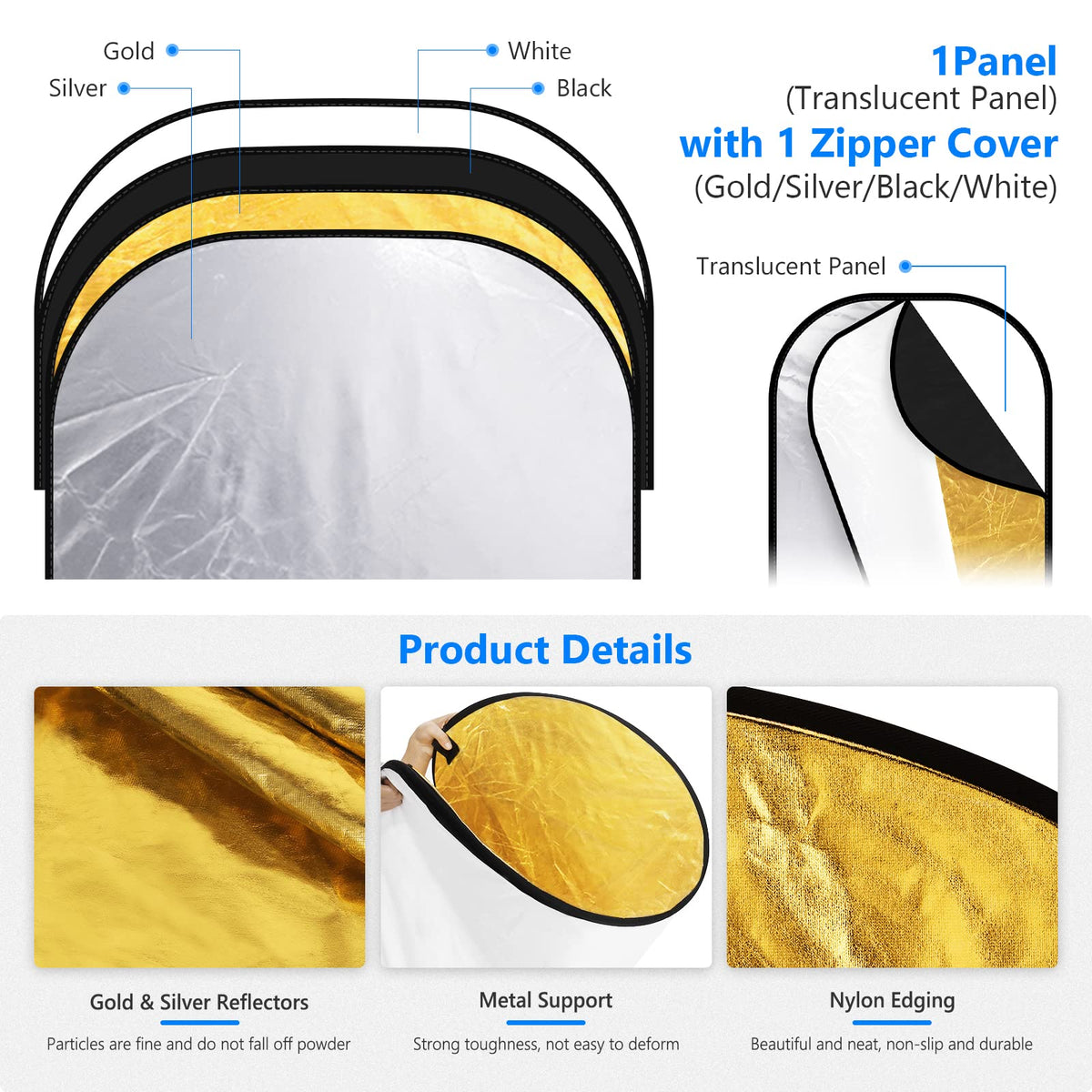 NEEWER 40"x60"/100x150cm Light Reflectors para Fotografía | 5 in 1 Plegable Multi Disc con Bolsa, Translucent, Plateado, Dorado, Negro, Blanco Difusor, para Studio, Iluminación Exterior