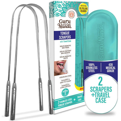 GuruNanda Rascador de Lengua de Acero Inoxidable | Paquete de 2, grado médico, con estuche de viaje, para adultos y niños