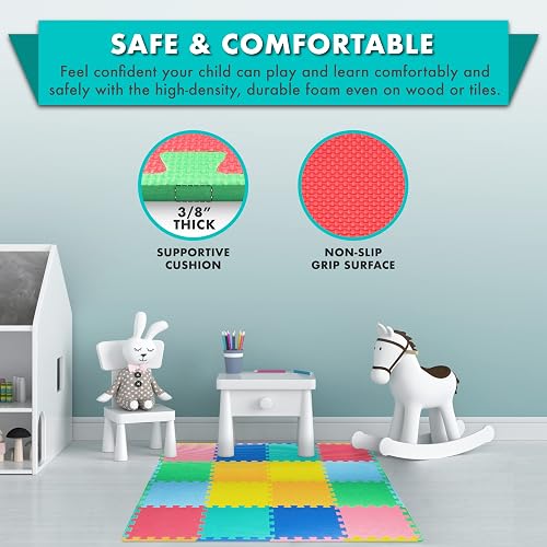 ProSource Baby Play Mat, Soft Foam Floor Tiles for Kids, Interlocking EVA Panels for Playpen Use, Crawling Development Surface, Safe Non-Toxic Toddler Flooring, 16 Tiles, Multicolor