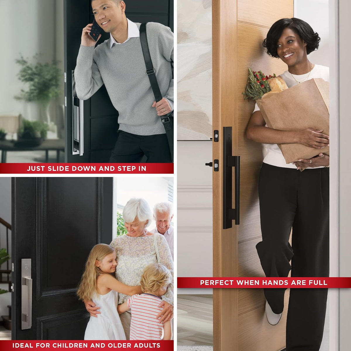 Kwikset Caerus - Juego de manijas y cerrojo de puerta delantera con palanca interior, color negro mate, seguridad SmartKey con KwikSlide, placa trasera de manija de puerta con escudo completo
