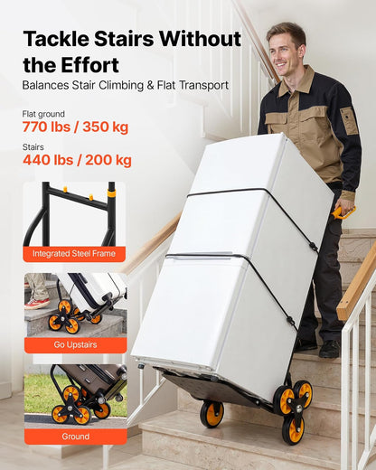 VEVOR Carretilla para Subir Escaleras Carga de 200 kg, Carro de Escalera Plegable con Asa Telescópica, 6 Ruedas y 2 Cuerdas Elásticas, para Transporte, Almacén, Centro Comercial, Mudanzas, Oficina