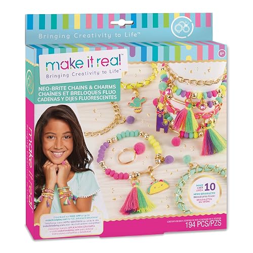 Make It Real - - Cadenas y colgantes Neo-Brite. Kit para hacer pulseras con forma de cadena dorada para niñas. Kit de manualidades para crear pulseras únicas para adolescentes con cuentas de neón, colgantes de pompones únicos y cadenas doradas