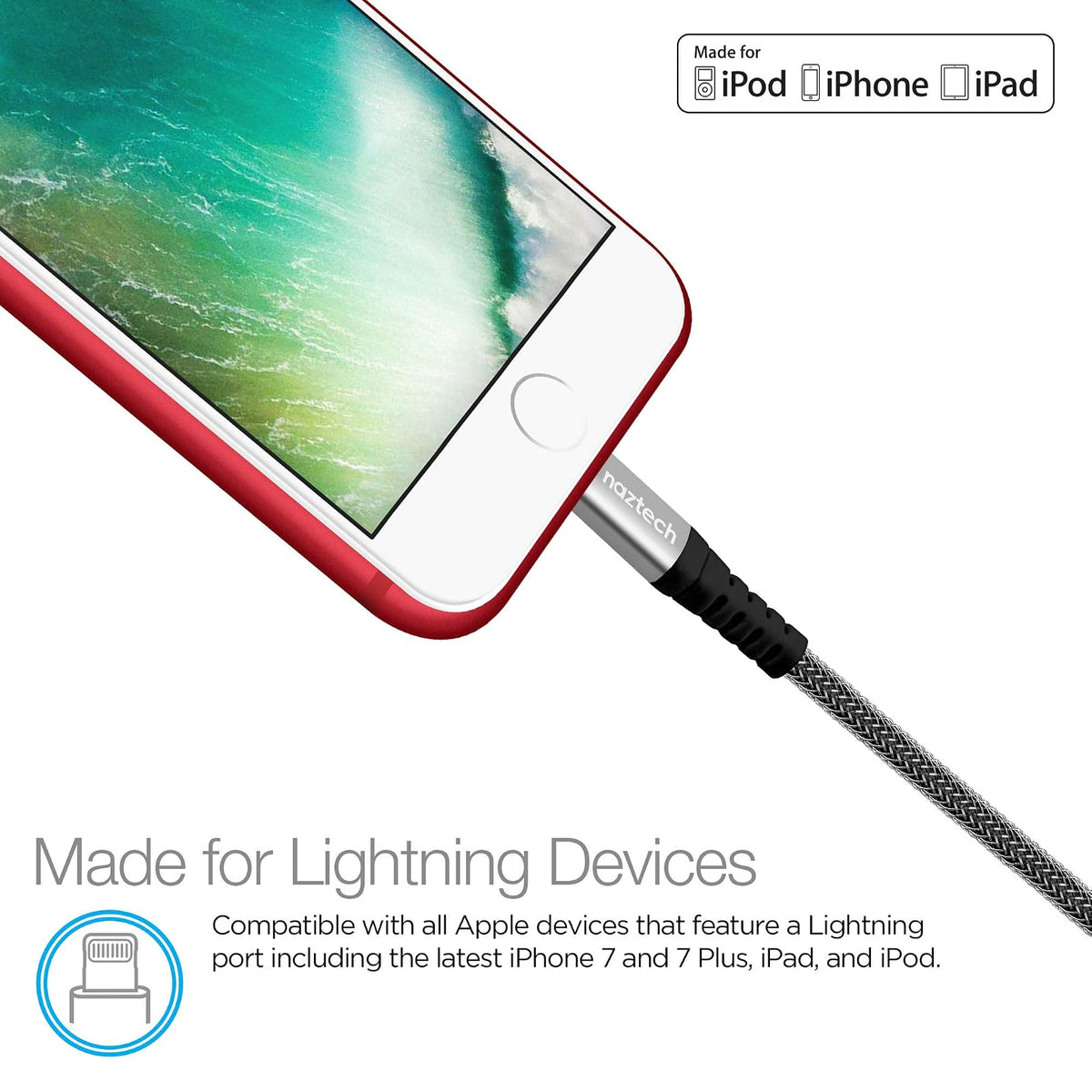 Naztech Lightning to USB Durable 4ft Braided Charge/Sync Cable, 8-pin MFi Certified, Tangle-Free, Compatible For All iPhones/iPads/iPods Plus Other Lightning Enabled Devices (Black)