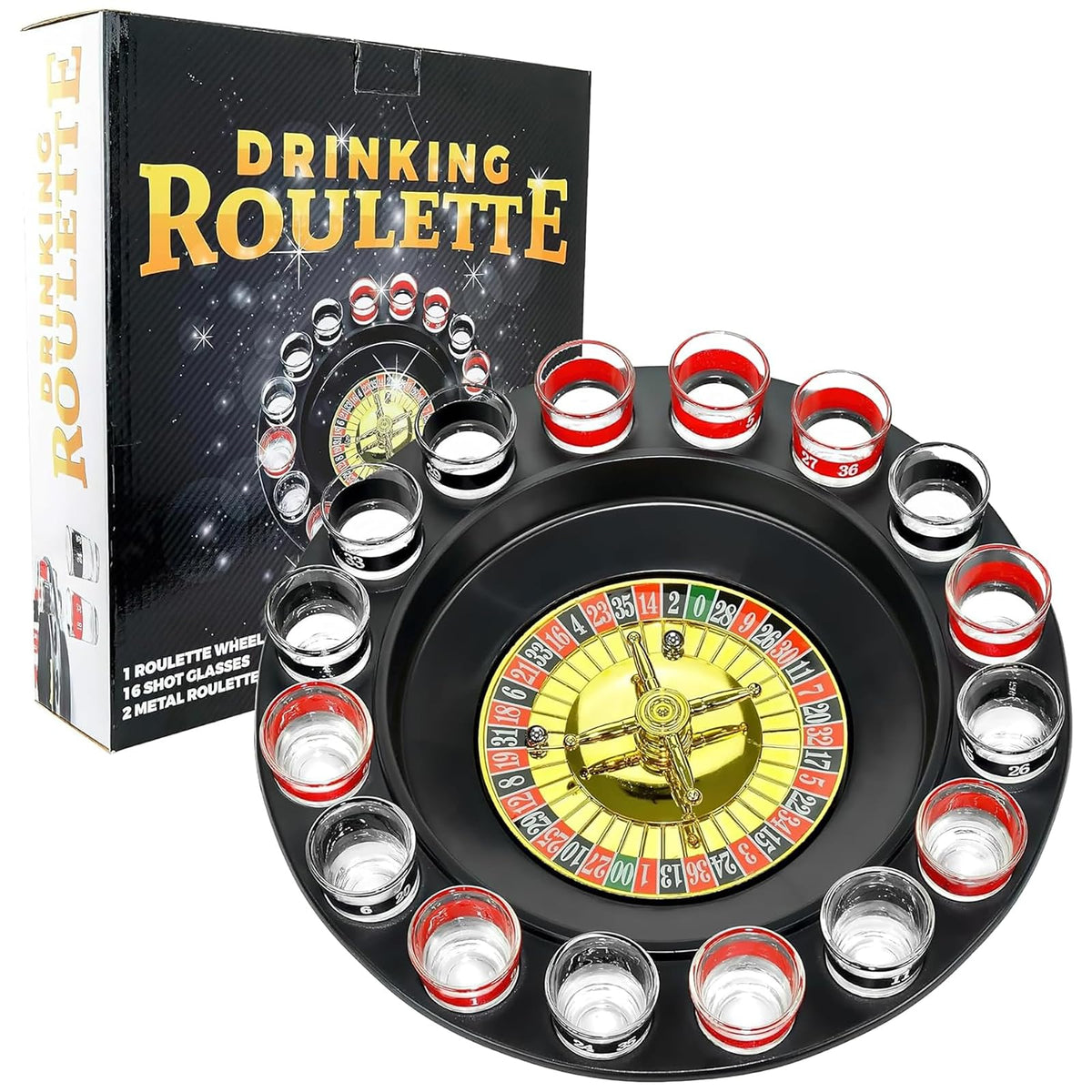 Chupito Ruleta – Juego de beber Juego (2 bolas y 16 vasos), Rojo/Negro, 16PCS Set, 1