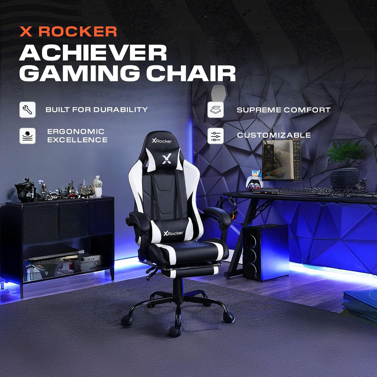 X Rocker Achiever - Silla de computadora ergonómica Ajustable para Videojuegos de computadora, con Ruedas, Color Blanco y Negro