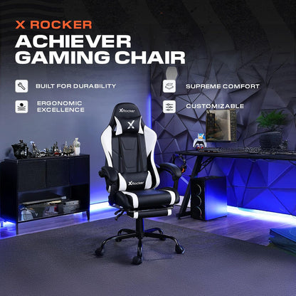 X Rocker Achiever - Silla de computadora ergonómica Ajustable para Videojuegos de computadora, con Ruedas, Color Blanco y Negro