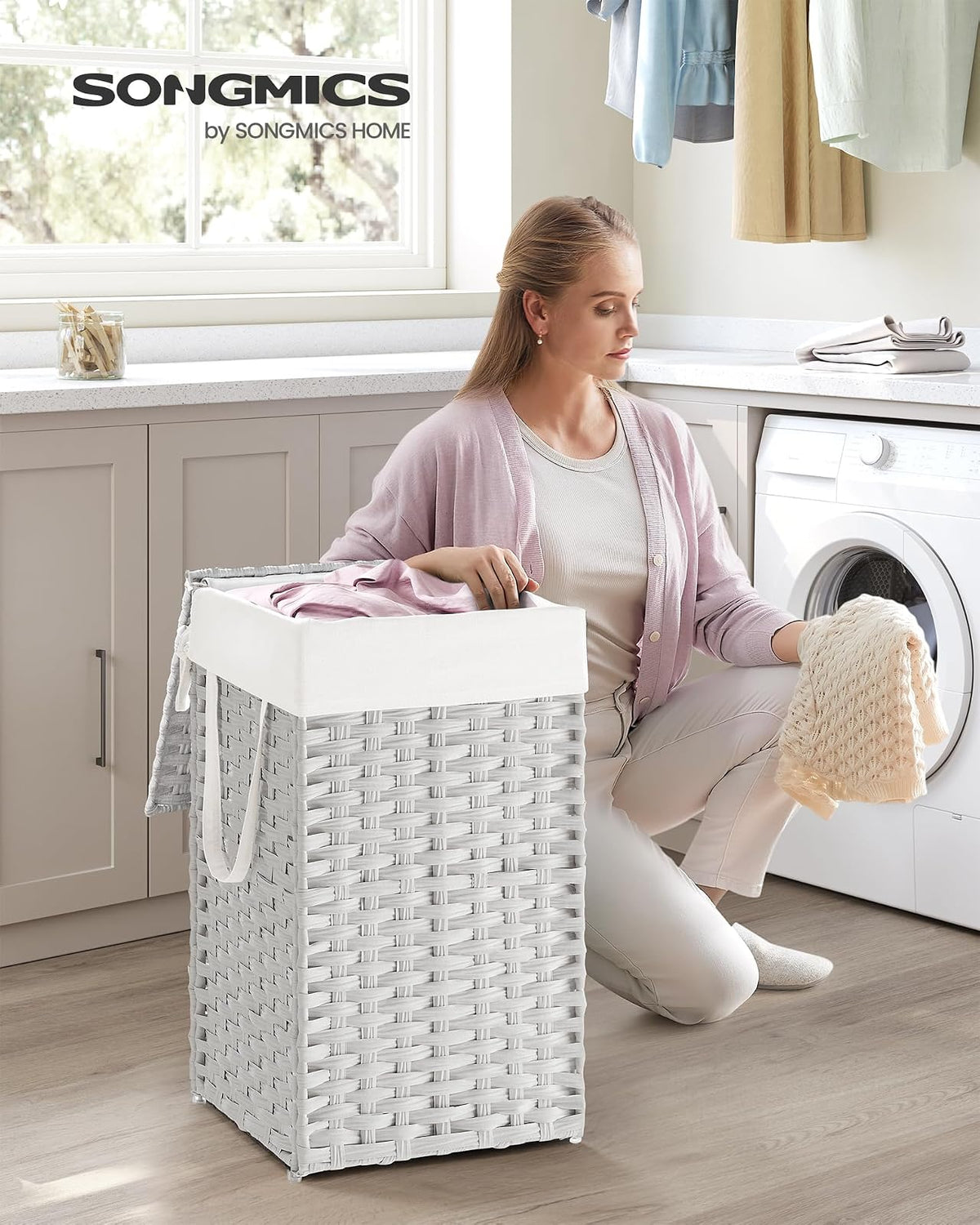 SONGMICS Cesto de lavandería con tapa, tela a mano, de polirratán, plegable, con asas y bolsa de forro extraíble, color blanco ULCB165W01