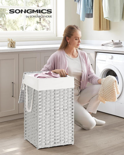 SONGMICS Cesto de lavandería con tapa, tela a mano, de polirratán, plegable, con asas y bolsa de forro extraíble, color blanco ULCB165W01