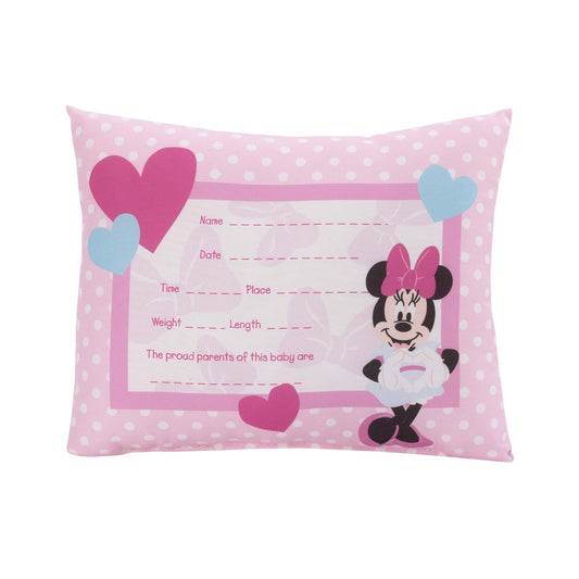 Disney Minnie Mouse Almohada decorativa de recuerdo – almohada de nacimiento personalizada, rosa, blanco, verde azulado