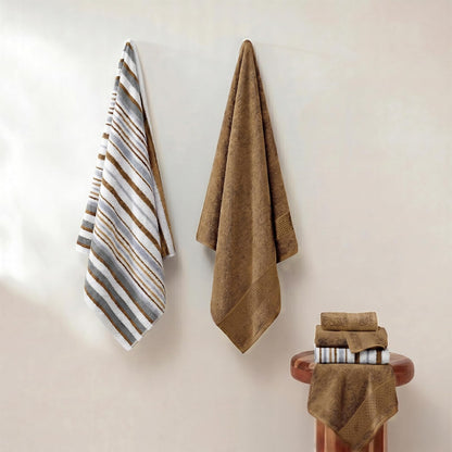 Modern Threads Pax - Juego de 6 Toallas Reversibles teñidas de Hilo Jacquard – Toallas de baño, Toallas de Mano y paños – súper absorbentes y de Secado rápido, 100% algodón Peinado, Mostaza